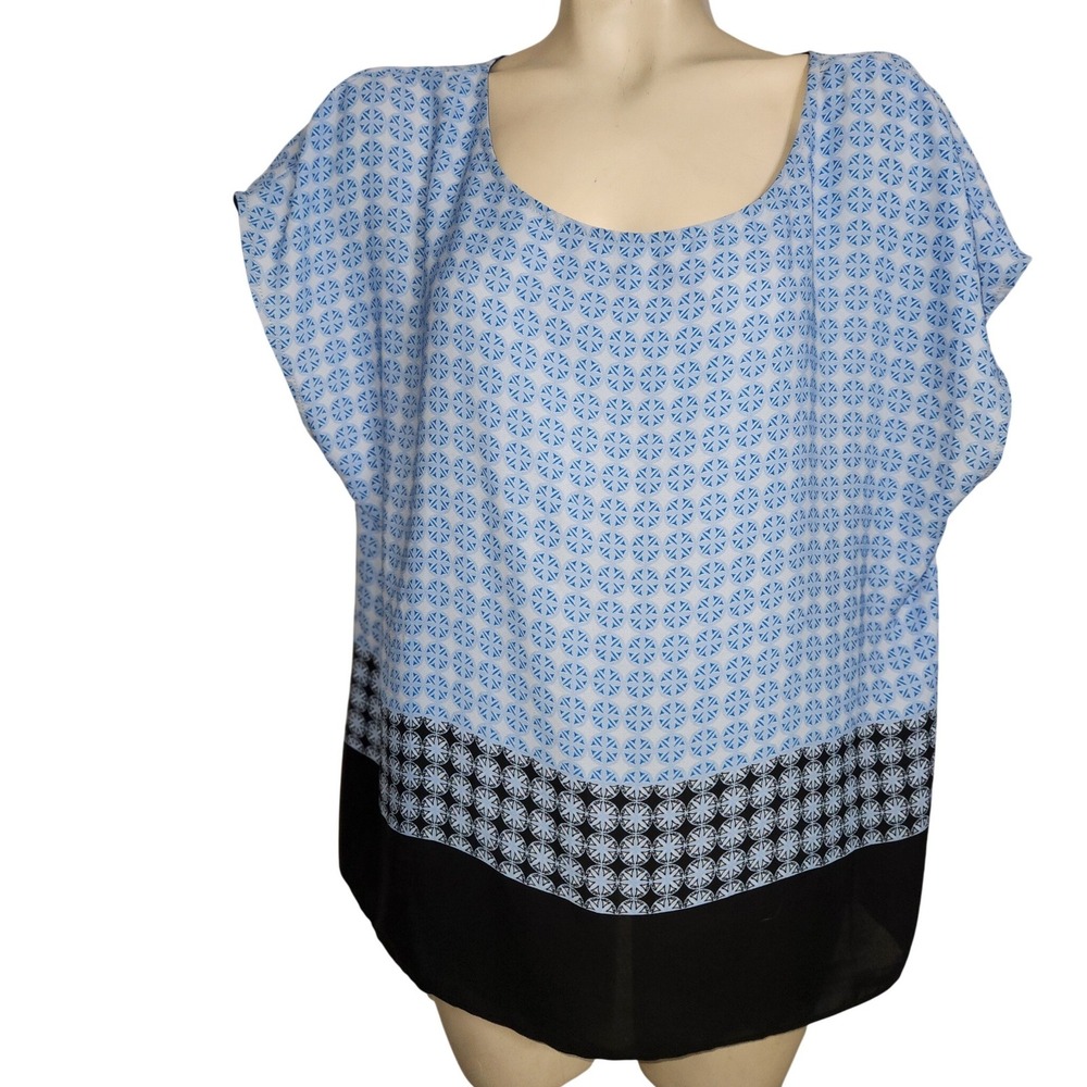 Vince Camuto Womens XL Blue Geometric Print‎ Colorblock Short Sleeve Blouse Top